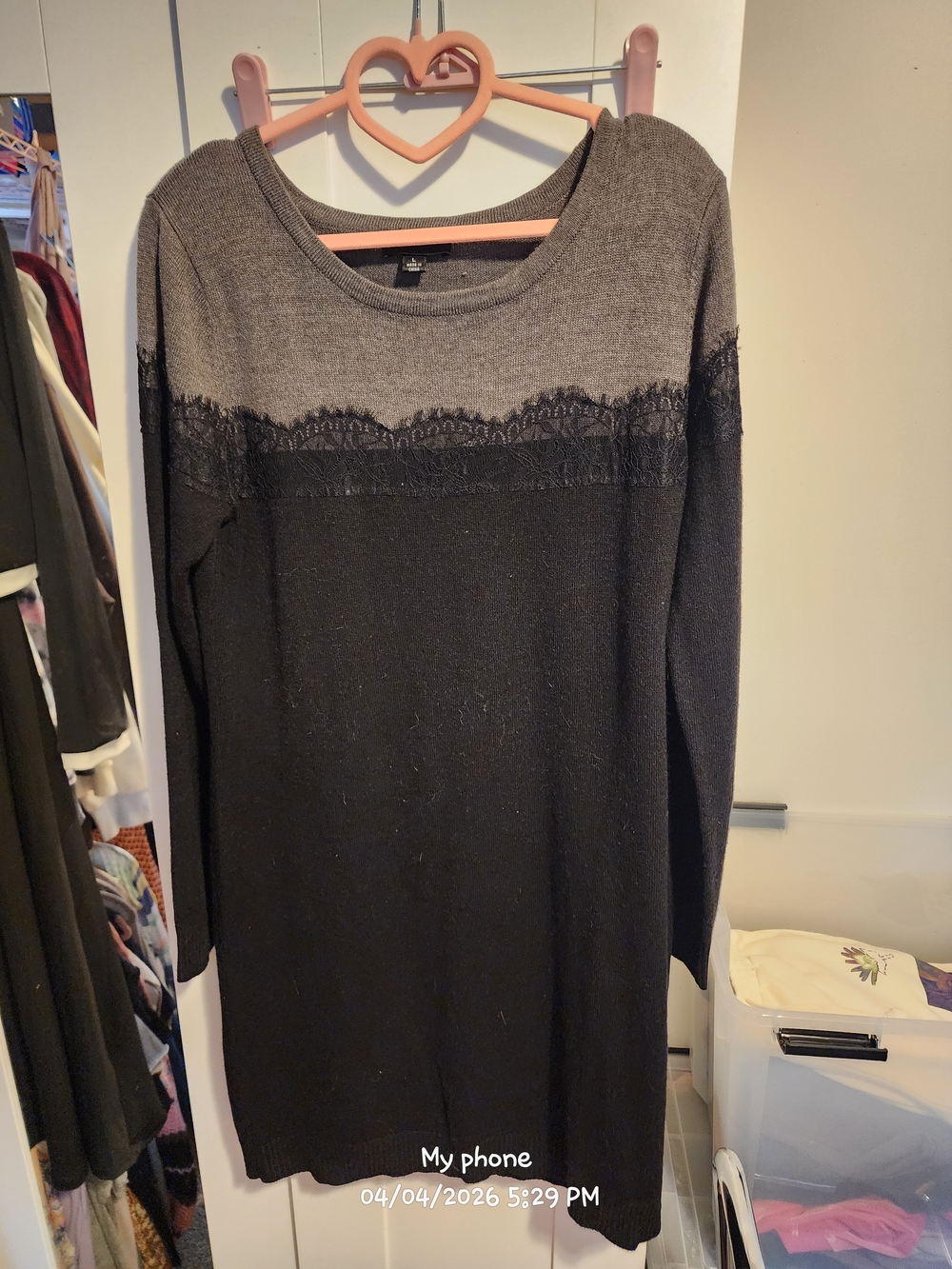 AB Studio Two-Tone Gray and Black Lace-Trim Long Sleeve Dress
